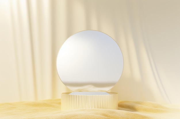 A round white mirror sits on a yellow blanket