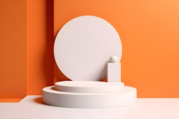 A round white object on white podium with orange wall