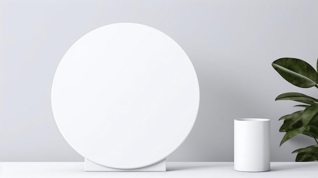 A round white plate next to a white candle