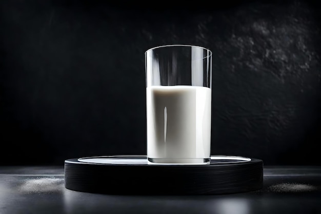 Round white podium close shot black wood background studio with glass of milk