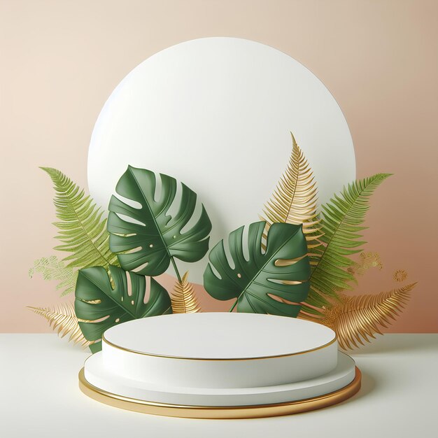 Round white podium stand for presentation and green tropic plant leaves on pastel yellow background