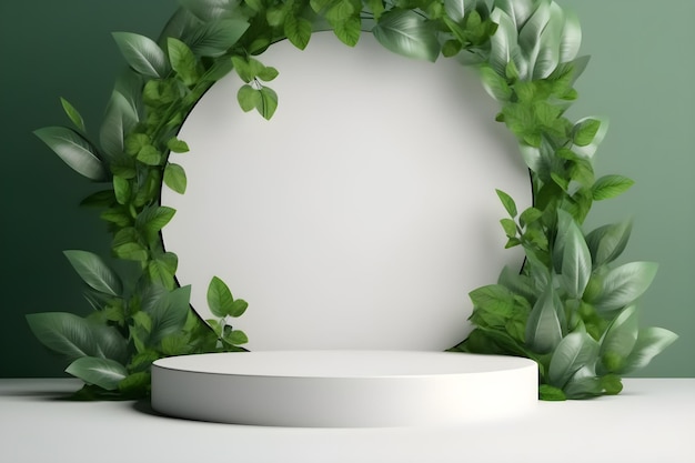 A round white podium with green leaves around it.