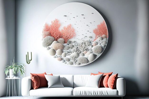 Round white space with silhouettes of coral and shells