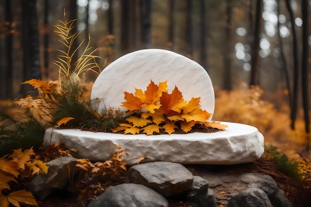 Round white stone podium composition with amber in the forest