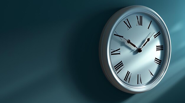 A round white wall clock with Roman numerals is mounted on a dark blue wall The clock is illuminated by a spotlight from the right