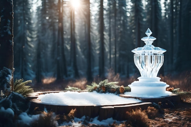 Round white wooden podium composition with crystal ice in the forest