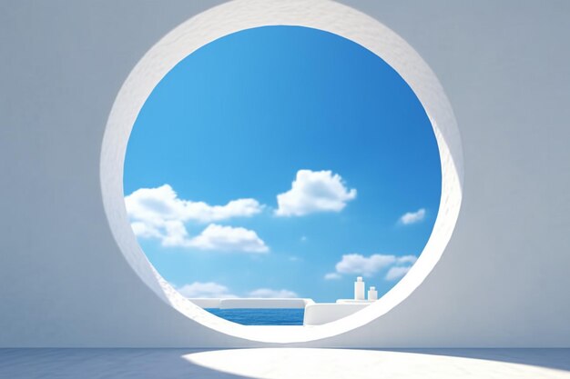 A round window with a blue sky in the background