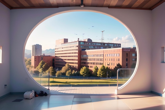 Photo a round window with a building in the background