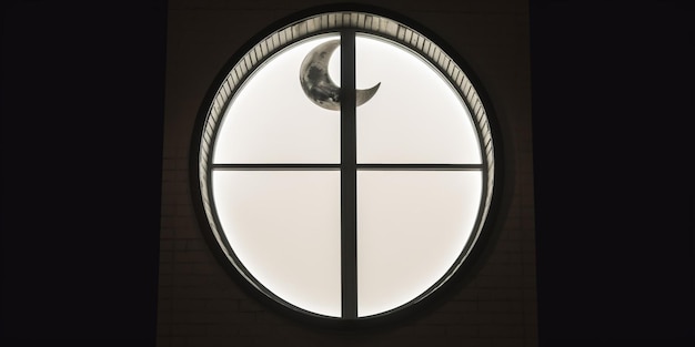 Photo a round window with a crescent moon in the center.