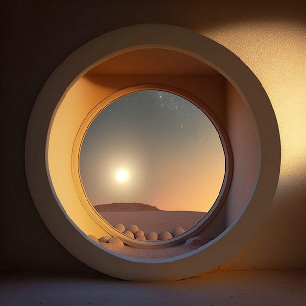 A round window with the night sky in the background