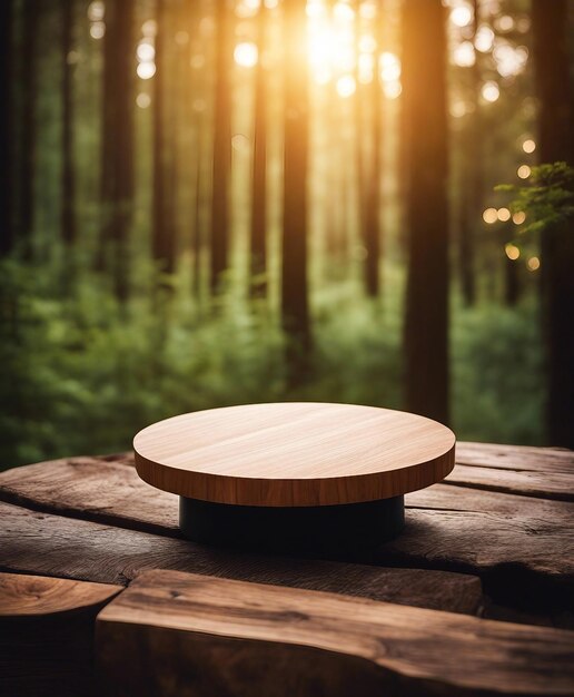 Round wood board on wooden table on forest background create by Ai