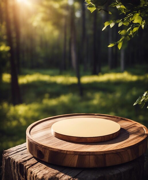 Round wood board on wooden table on forest background create by Ai