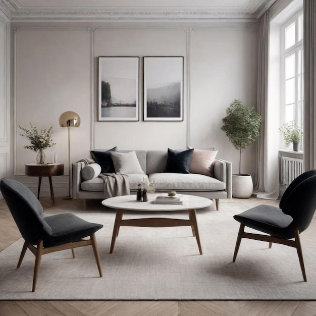 Круглый деревянный столик на фоне белого дивана Скандинавский дизайн интерьера современной гостиной