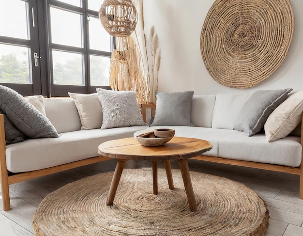 Round wood coffee table near white sofa with grey pillows Boho ethnic tribal style home interior des...