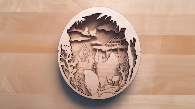 A round wood plate with a forest scene on it.