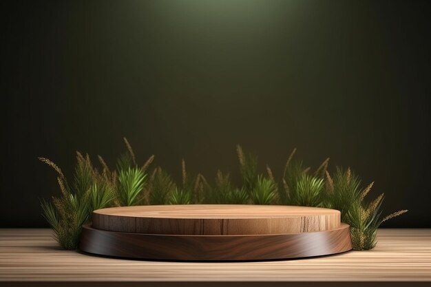 Round wood podium with grass and plants in the background for product display