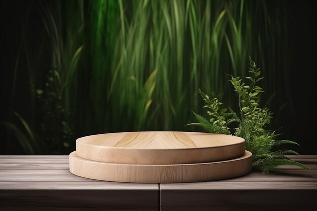 Round wood podium with grass and plants in the background for product display