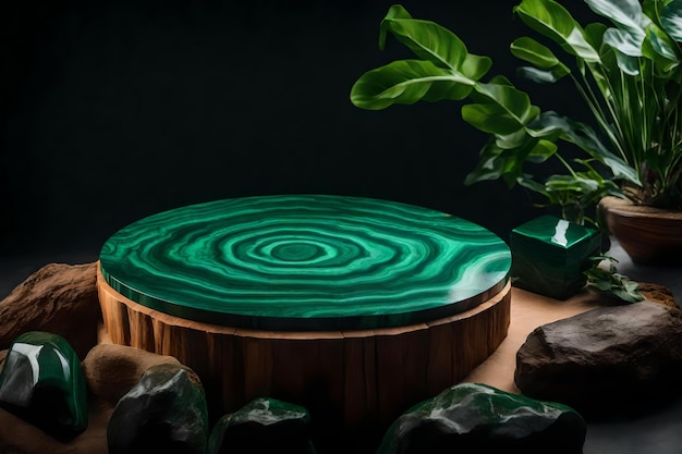 Round wood rock podium composition with malachite in the photo studio