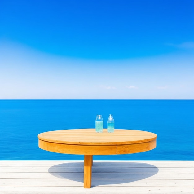 Round wood table in sea