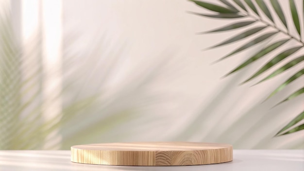 Round wooden 3d product podium with green leaf