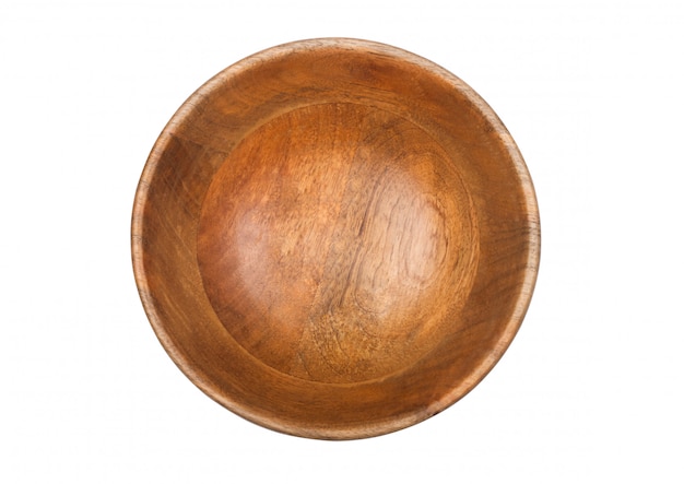 Round wooden bamboo bowl for kitchen isolated on white.Top view