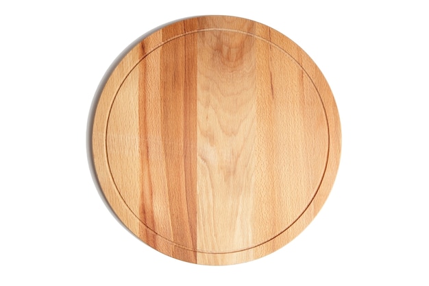 Round wooden beech cutting board isolated on white, top view