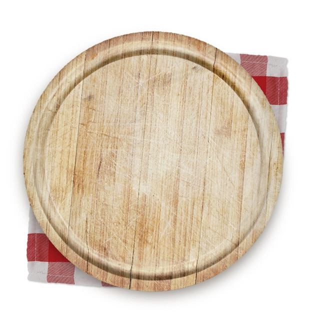 Round wooden board for cutting food isolated on white background with red napkin for layer