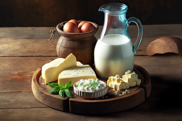 Round wooden board with dairy product for rustic breakfast