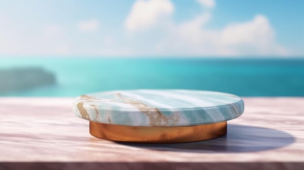 A round wooden box with a blue and white marble top sits on a pink wooden table next to a blue sea