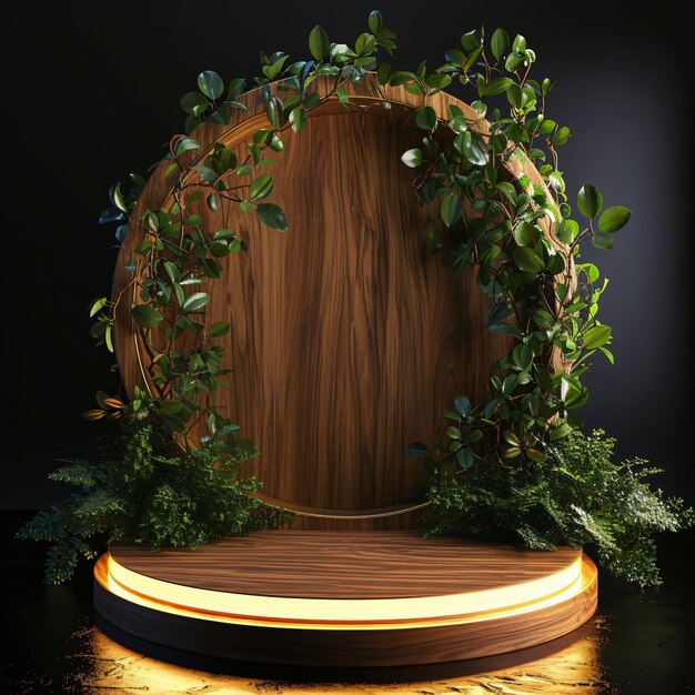 Photo a round wooden circle with a plant on it