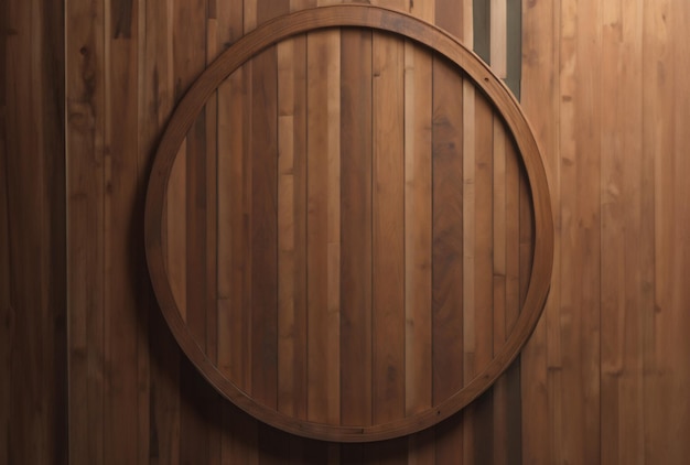 A round wooden circle on a wood wall with a wooden frame.