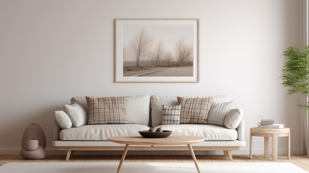 Round wooden coffee table near beige sofa with plaid and cushions Big mock up poster frame on wall