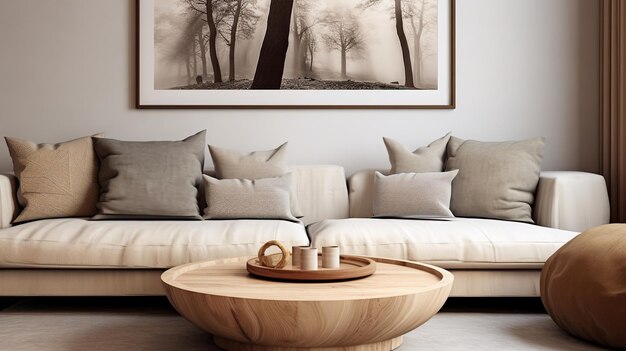 Photo round wooden coffee table near beige sofa