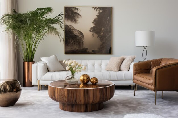 Round wooden coffee table near white sofa and brown leather