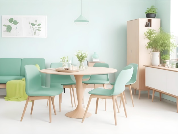 Round wooden dining table in room cabinet near green wall Home Property Interiors Clean dining Room