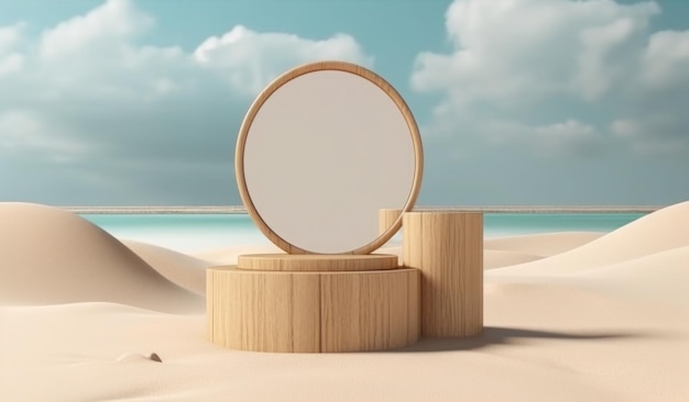 A round wooden object sits on a sandy beach.