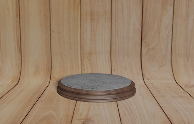 Round wooden pallet Empty round wooden pallet with brown curved wooden backdrop