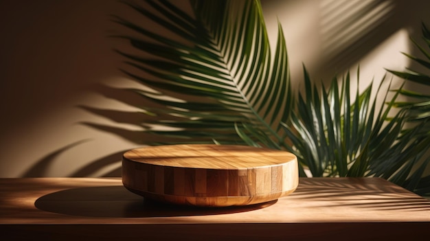 Круглая деревянная тарелка стоит на столе рядом с пальмовым листом.