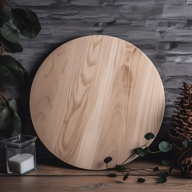 A round wooden plate with a candle on the table next to it