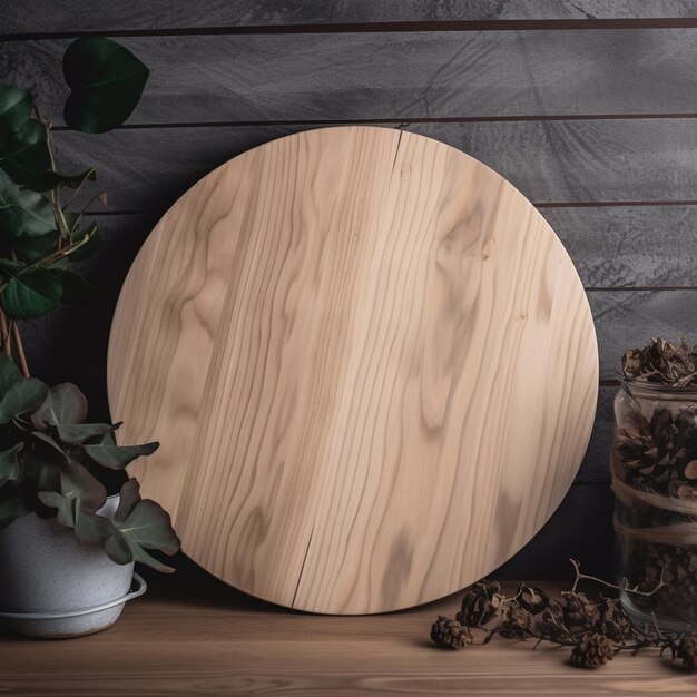 A round wooden plate with a plant in the background