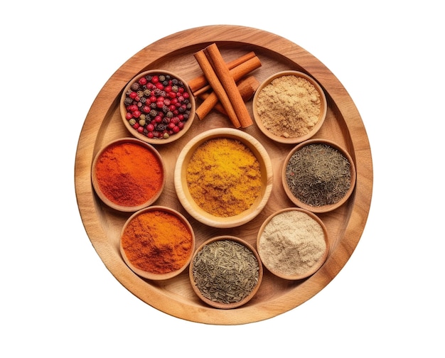 Round wooden plate with various spices isolated on white background Generative AI