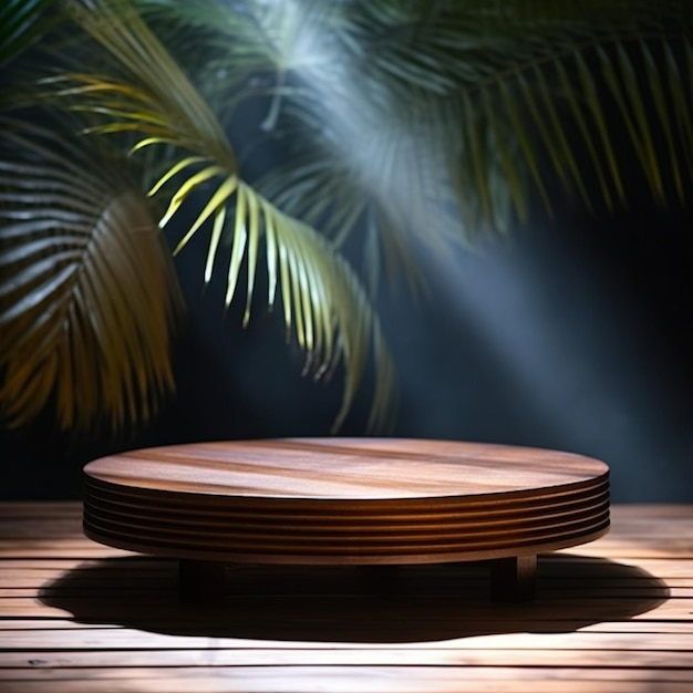 Round wooden platform shadow from a palm leaf on a brown background