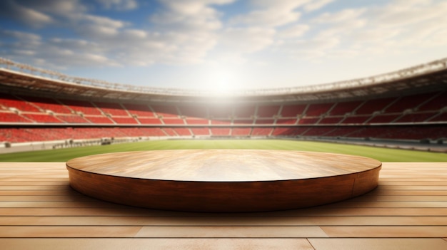 Round Wooden Platform in Stadium with Sunlit Field