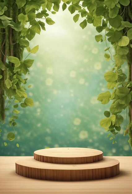 Round wooden podium against blurred background of soft sunlight in summer garden Generative AI