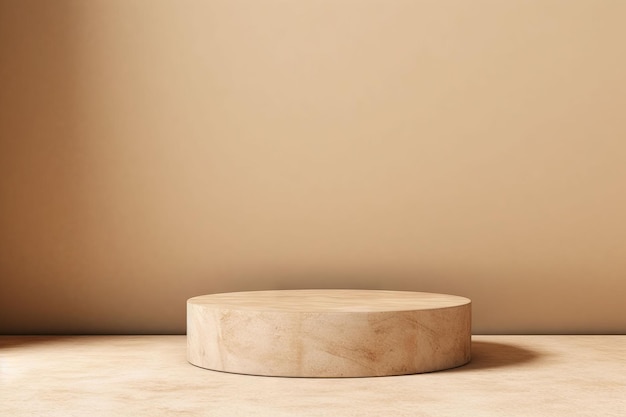 Round wooden podium on a beige background