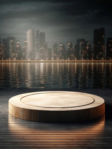 A round wooden podium on a dock with a city in the background.