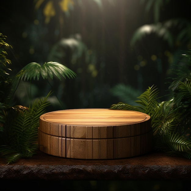 A round wooden podium an empty pedestal in a monsoon mockup illustration AI generation