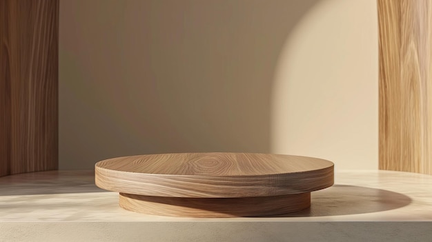 ミニマルな木製の部屋の背景にある丸い木製のポディウムは,古いお金と静かな沢を表しています.