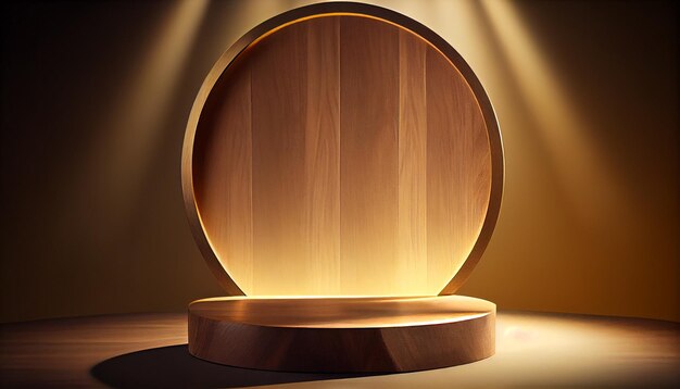 Round wooden podium with beautiful backlighting Ai generated image