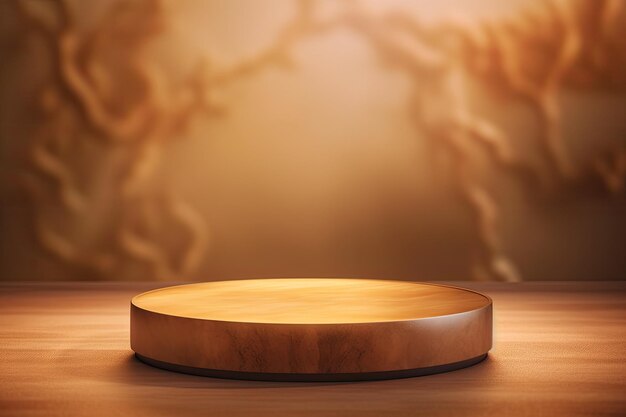 Photo round wooden podium with beautiful backlighting